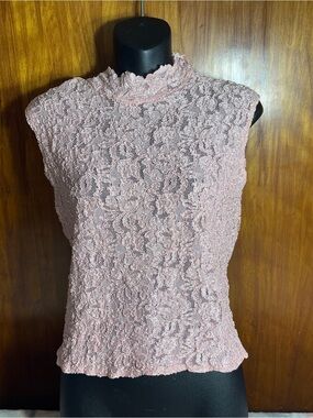 Pink Lace Blouse S Sleeveless Mock Neck Floral Overlay Top
